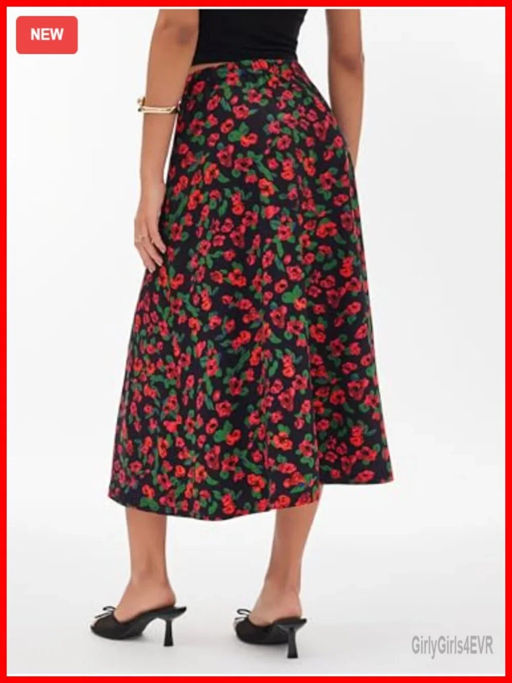 Floral A-Line Skirt Polyester Blend Elastic High Waist Split Hem Flowy Summer